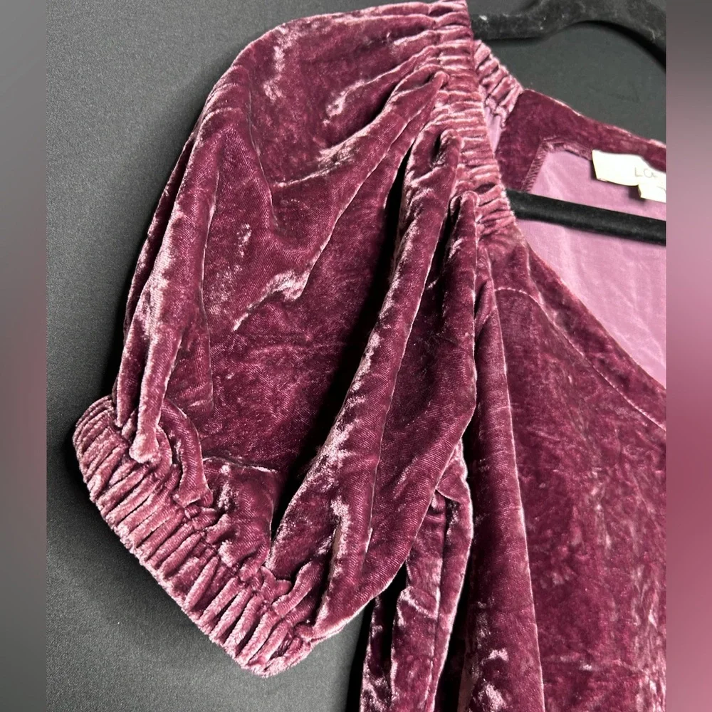 LOFT Women's Crushed Coquette Velvet Blouse Pink Rose Valentines Day Puff Sleeve